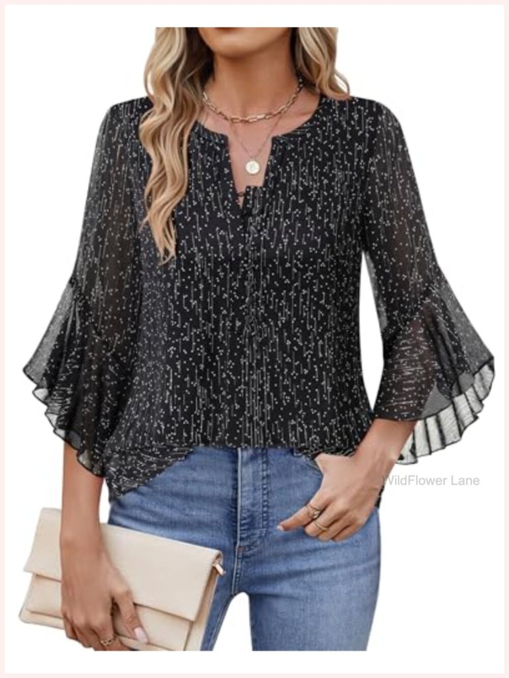 Women's 3/4 Sleeve Chiffon Button Down Blouse V-Neck Ruffle Cuff Top